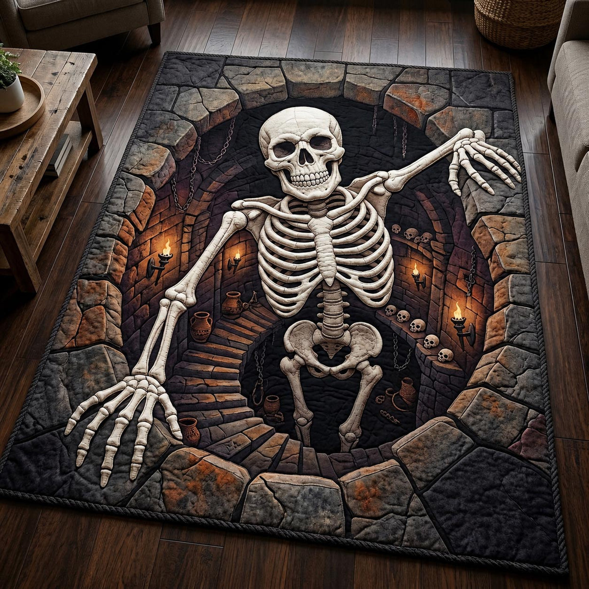Haunted Skeleton area rug in a living room