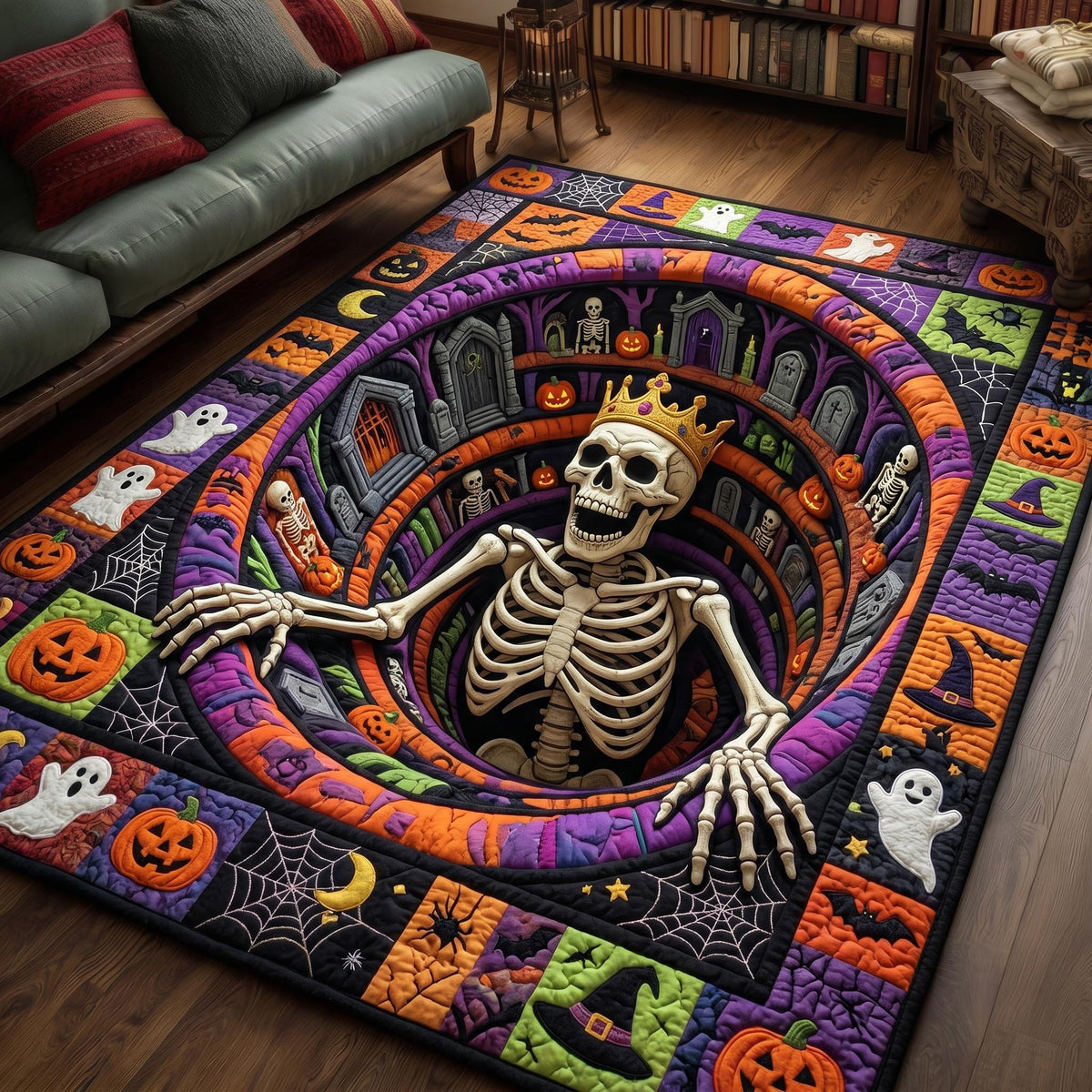 Haunted Skeleton area rug in a living room