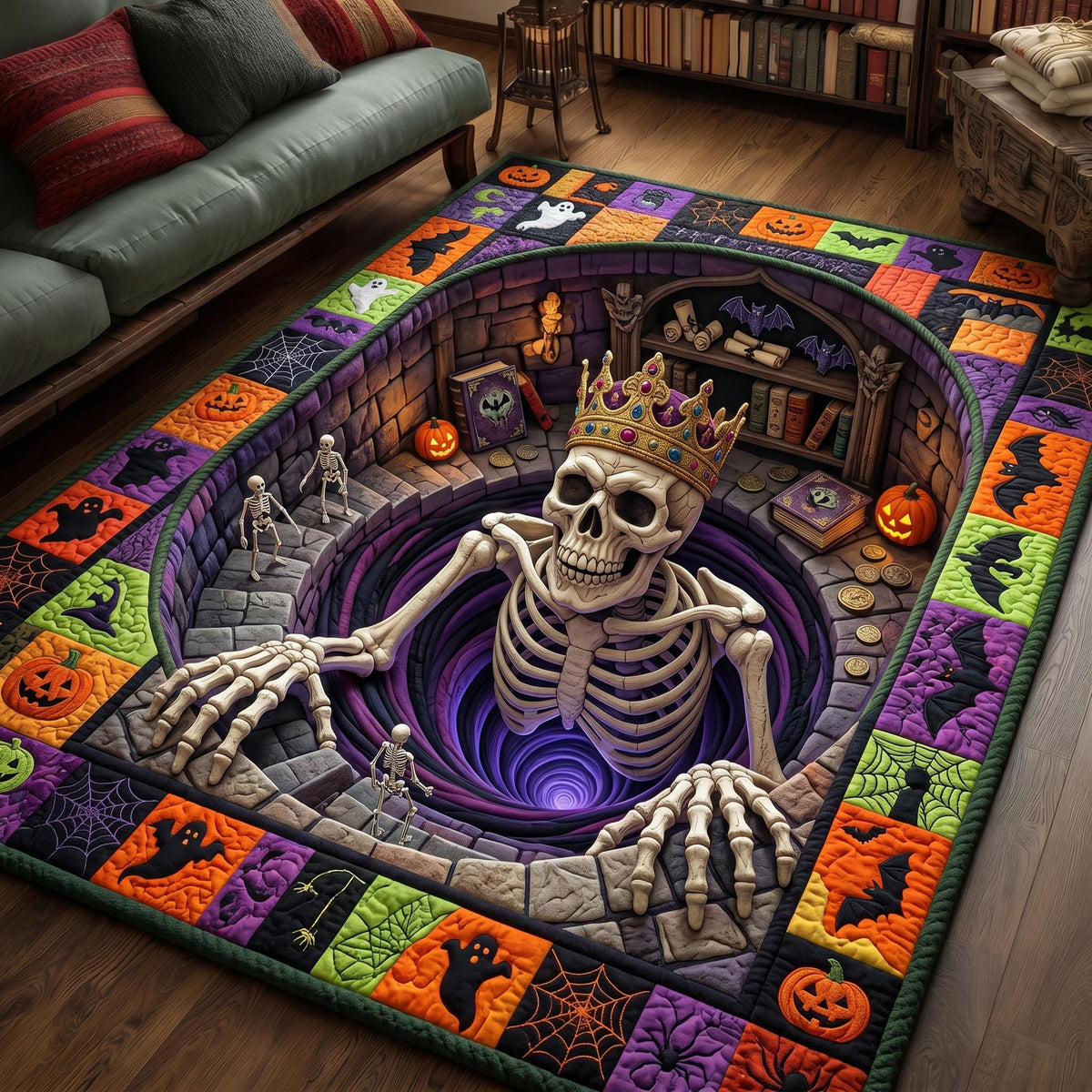 Haunted Skeleton area rug in a living room