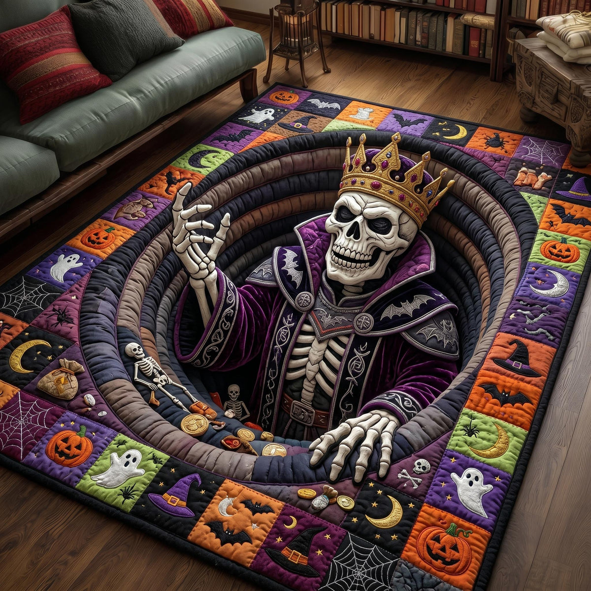 Haunted Skeleton area rug in a living room