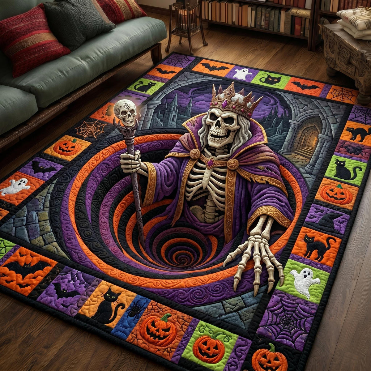 Haunted Skeleton area rug in a living room
