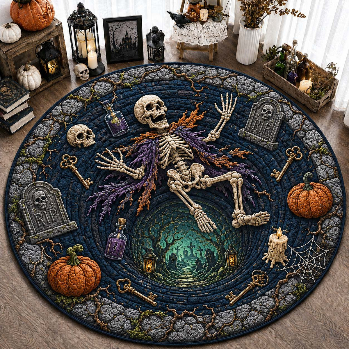 Haunted Skeleton Vortex Qulited Round Mat Halloween Round Mat Rug - washable non-slip printed rug