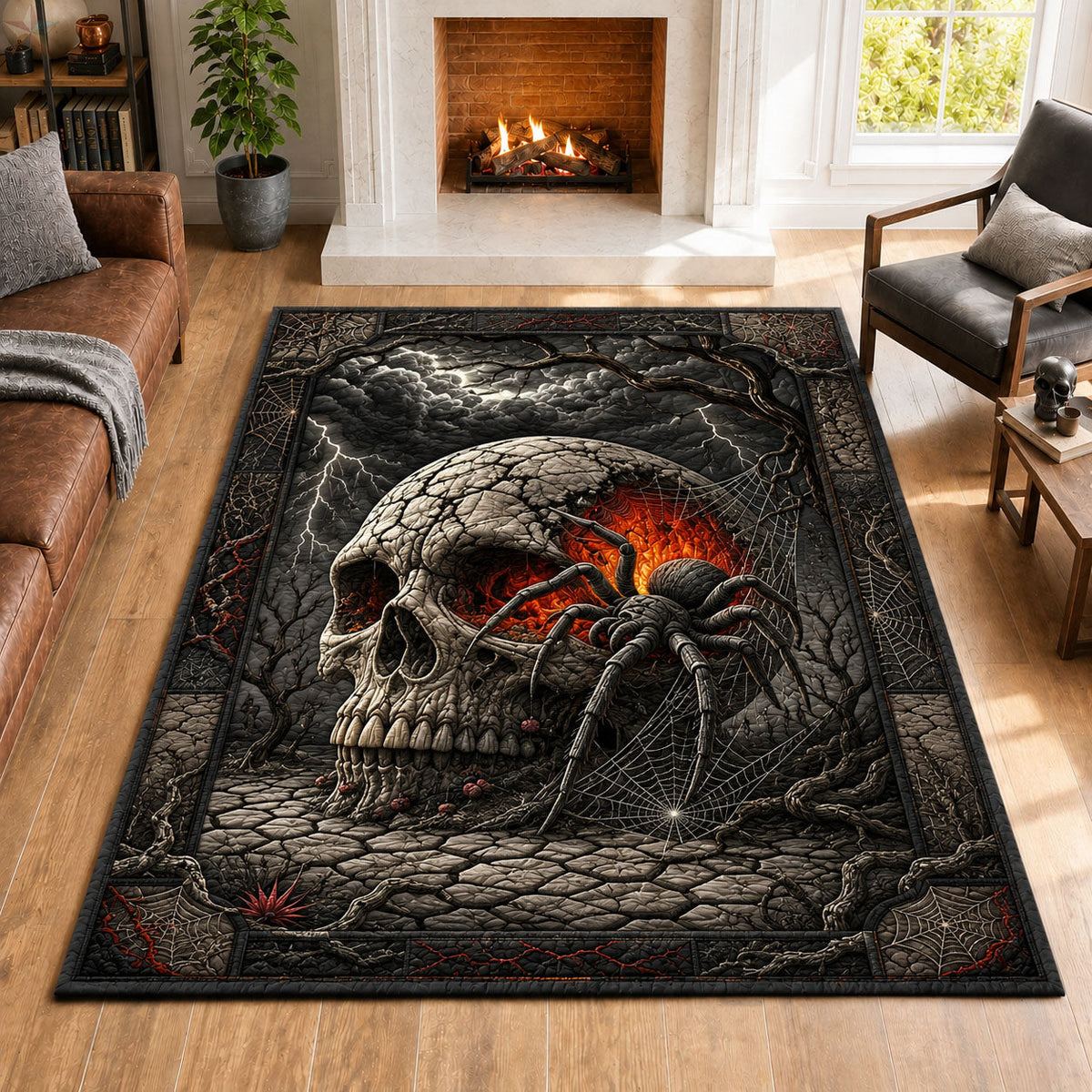 Haunted Spider Skull Halloween area rug in a living room