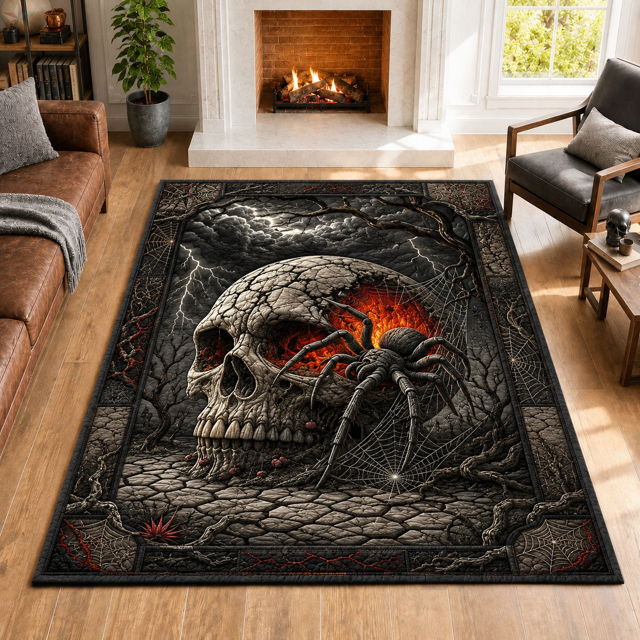 Haunted Spider Skull Halloween area rug in a living room