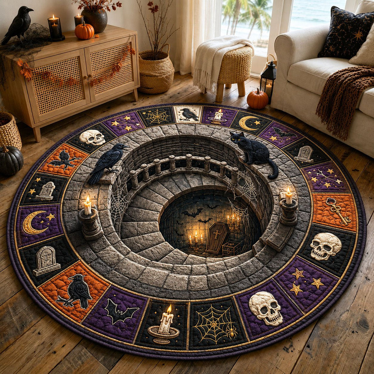 Haunted Spiral Stairwell Round Mat Rug - washable non-slip printed rug