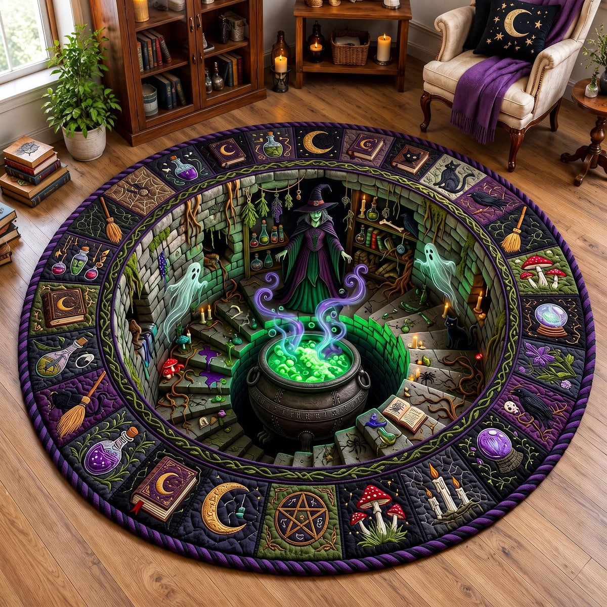 Haunted Stairway Round Mat Rug - washable non-slip printed rug