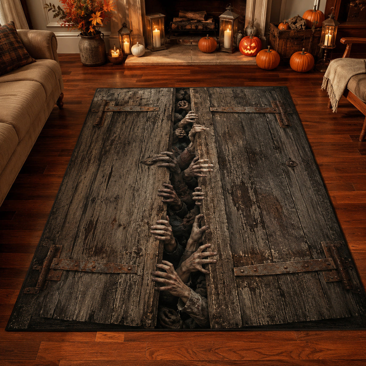 Haunted Trapdoor area rug in a living room
