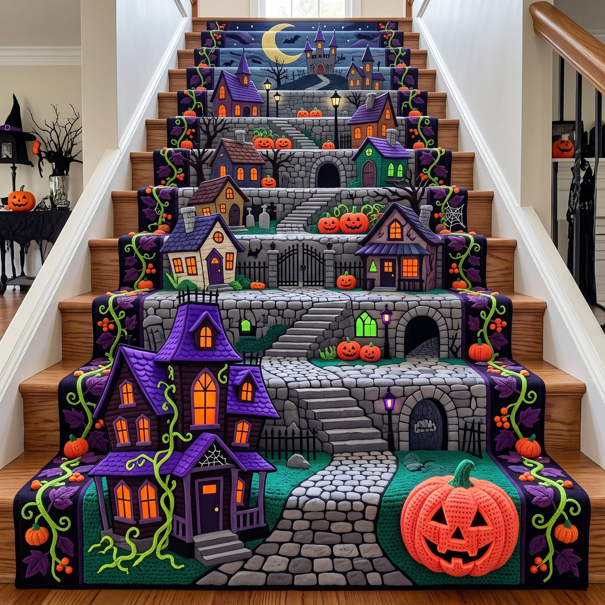 Haunted Village Runner Rug - Nature Design | Serene Runner Rug - washable non-slip printed rug