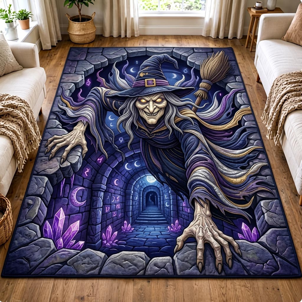 Haunted Witch area rug in a living room