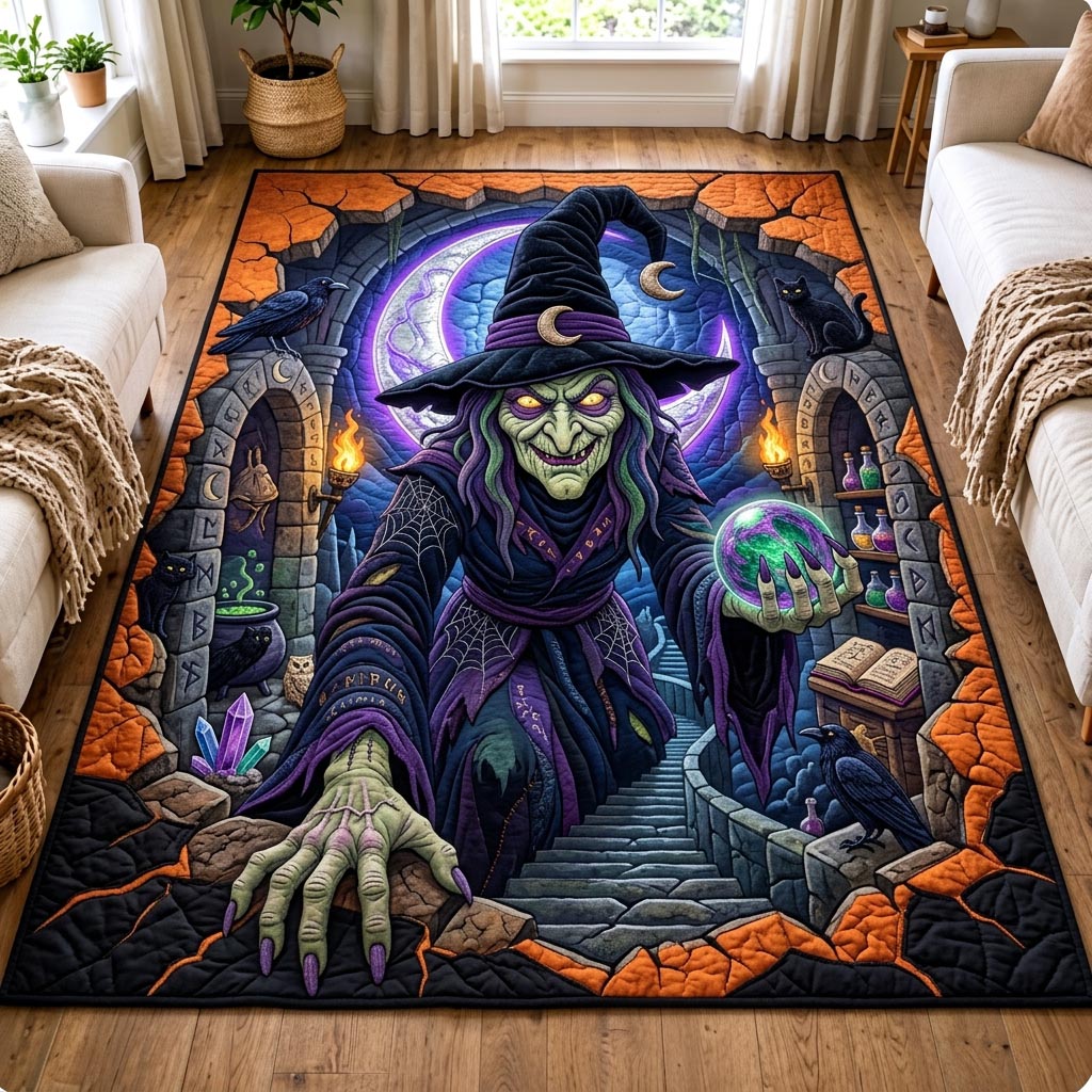 Haunted Witch area rug in a living room