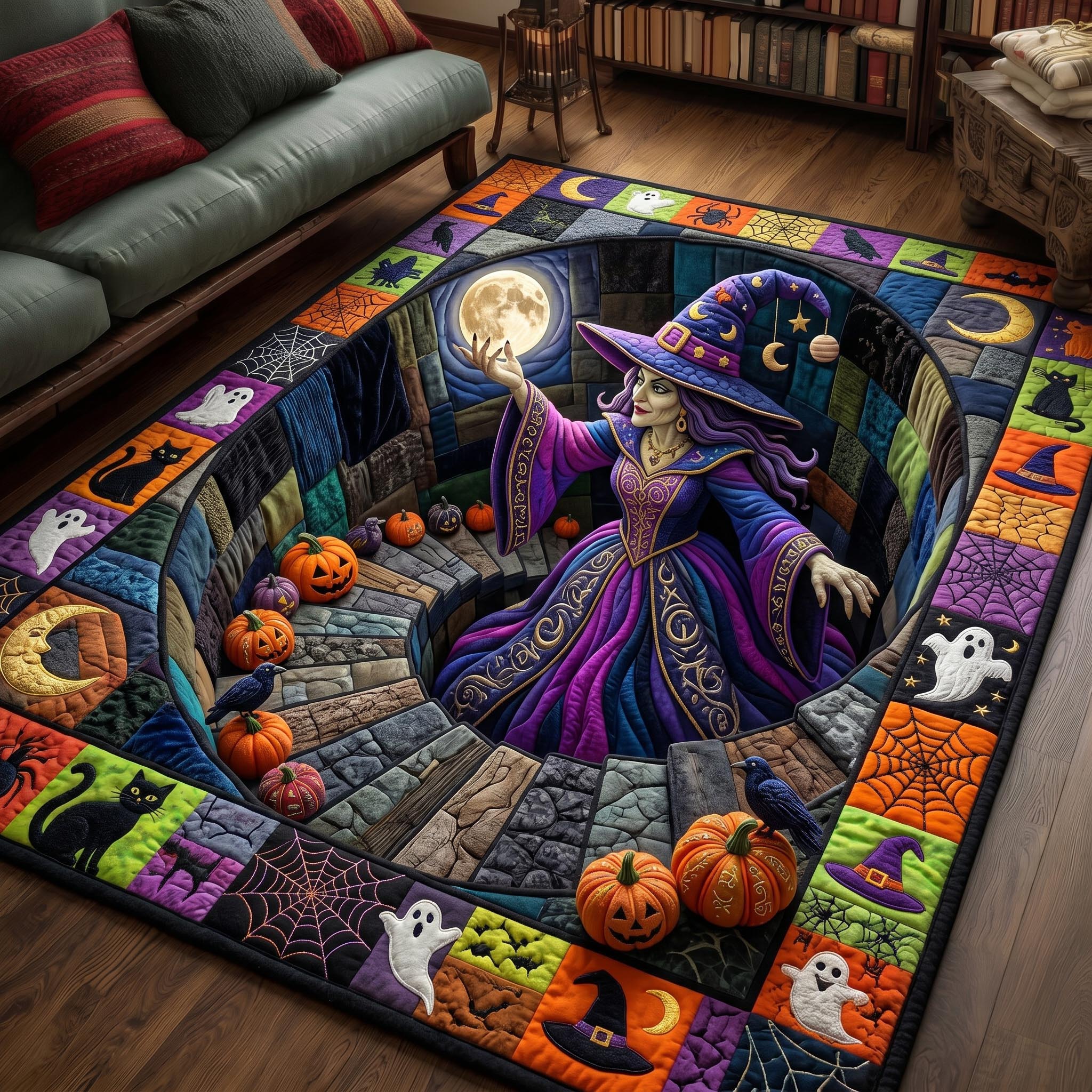 Haunted Witch area rug in a living room