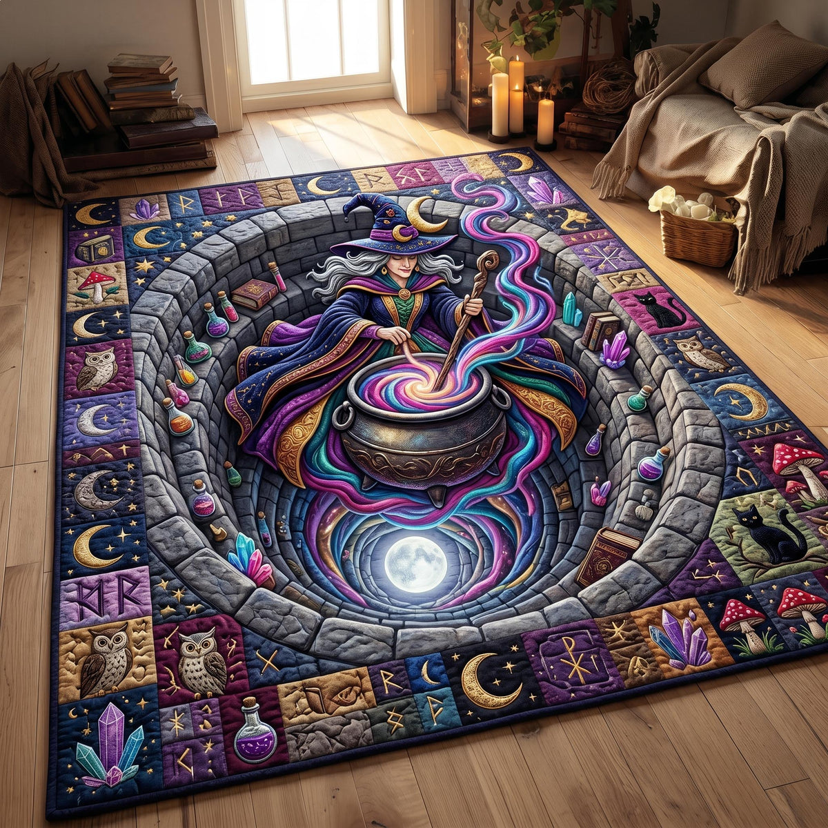 Haunted Witch area rug in a living room