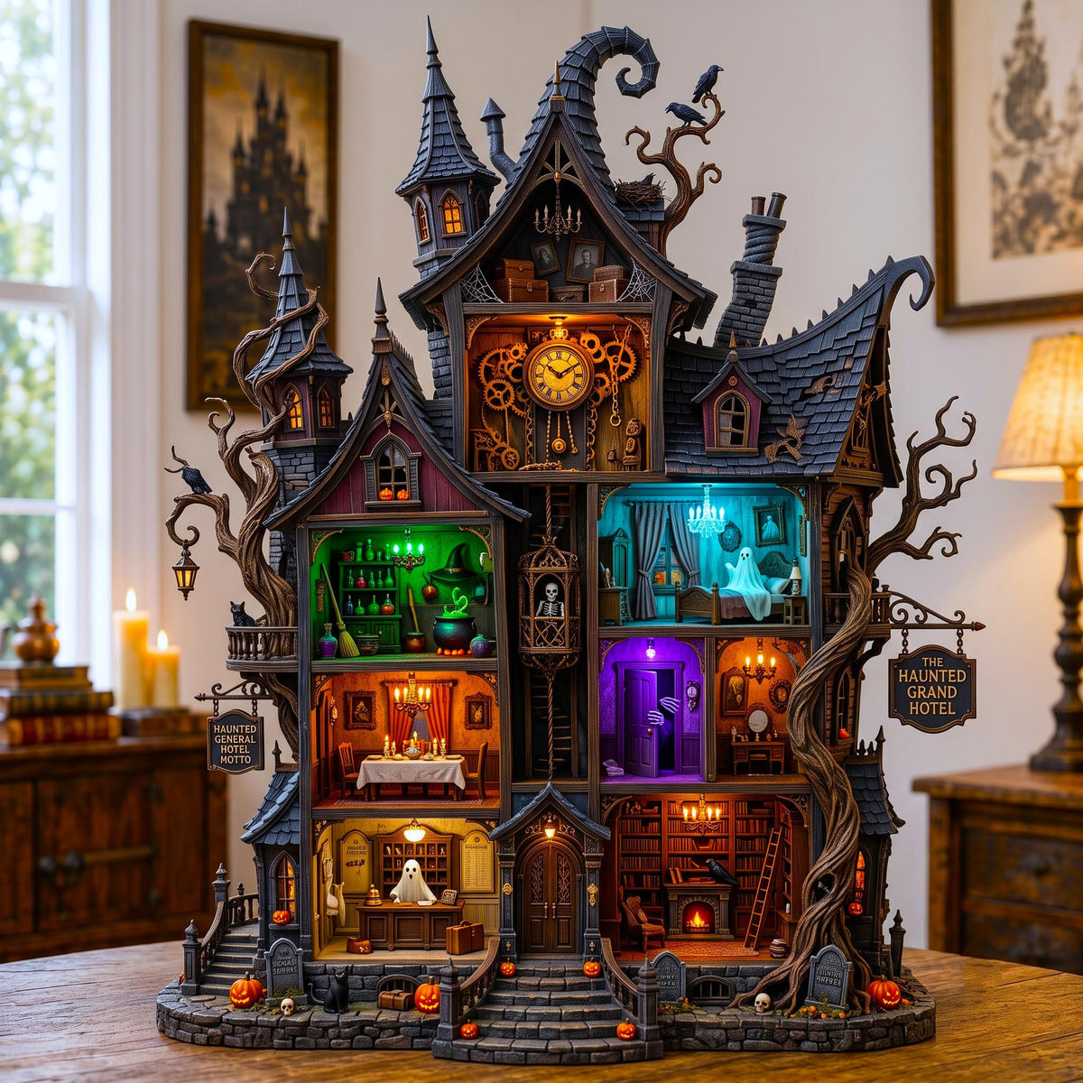 Haunted Witch House wooden block, laser-cut 3-layer wood