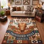 He Owns The Cattle area rug in a living room