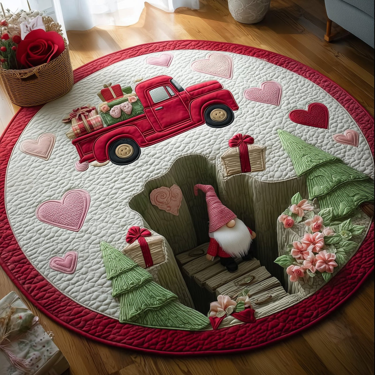 Heart Truck Gnomes Round Mat Rug - washable non-slip printed rug