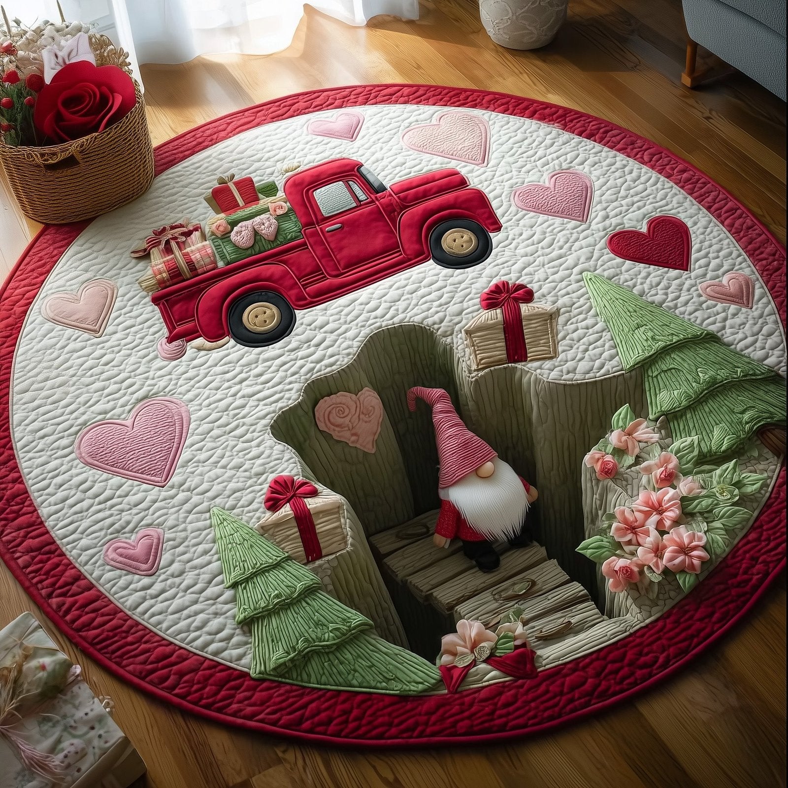 Heart Truck Gnomes Round Mat Rug - Nature Design | Serene Home Decor
