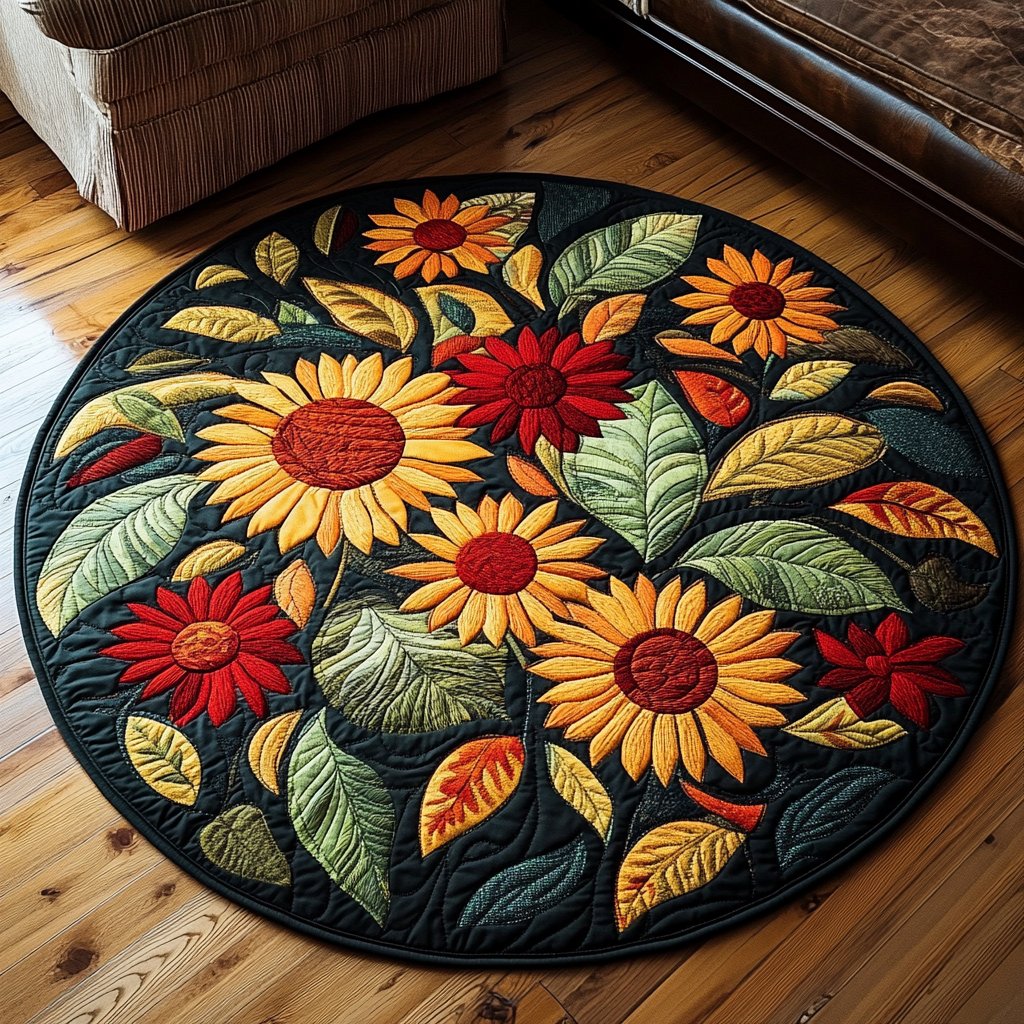 Helianthus Harmony Round Mat Rug - washable non-slip printed rug