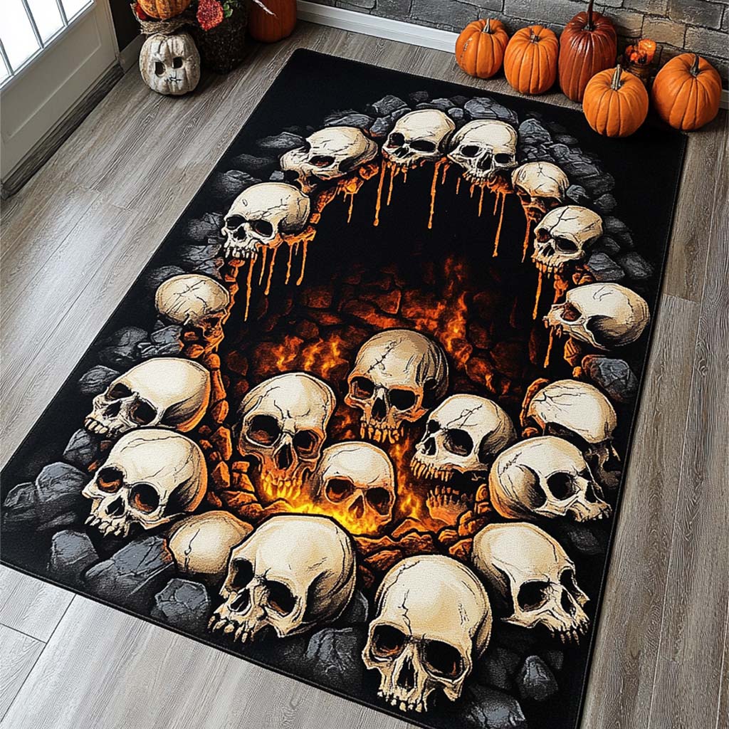 Hellfire Skulls area rug in a living room