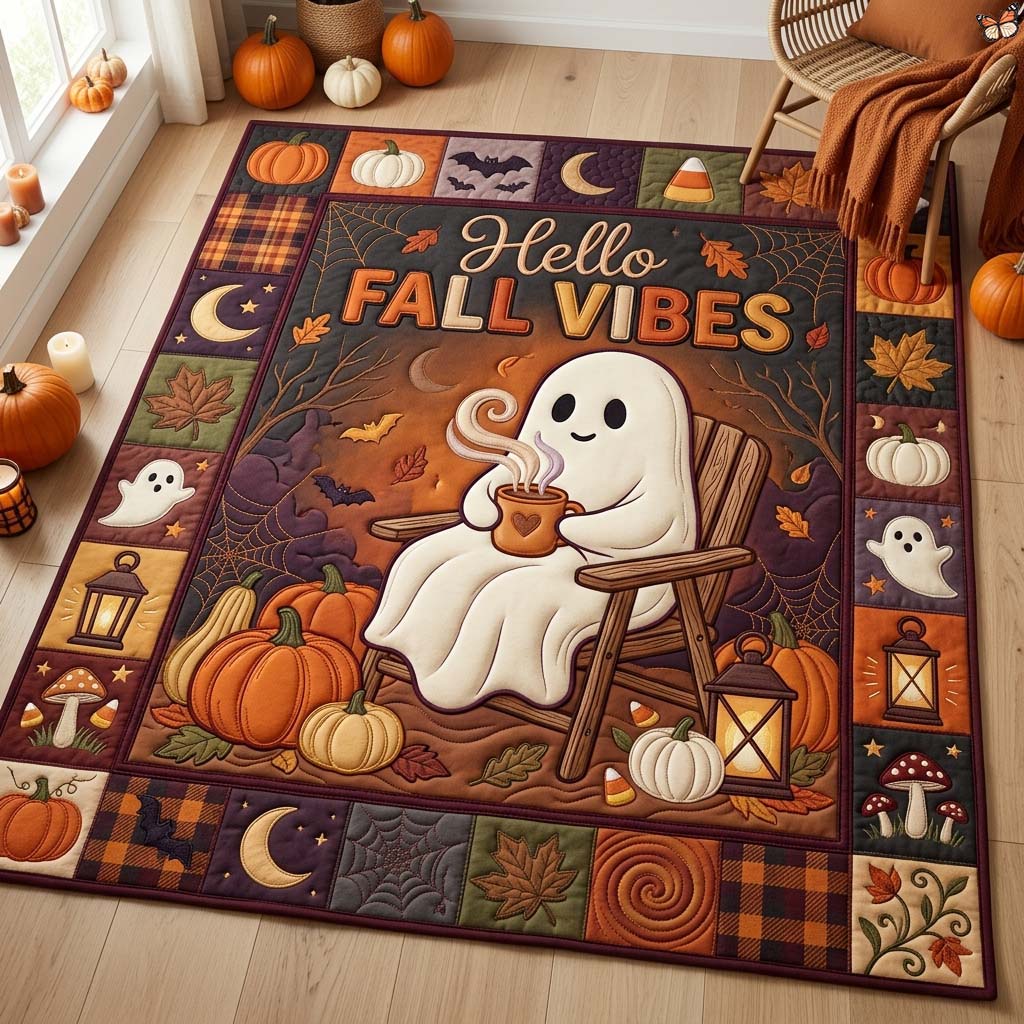 Hello Fall Ghost area rug in a living room