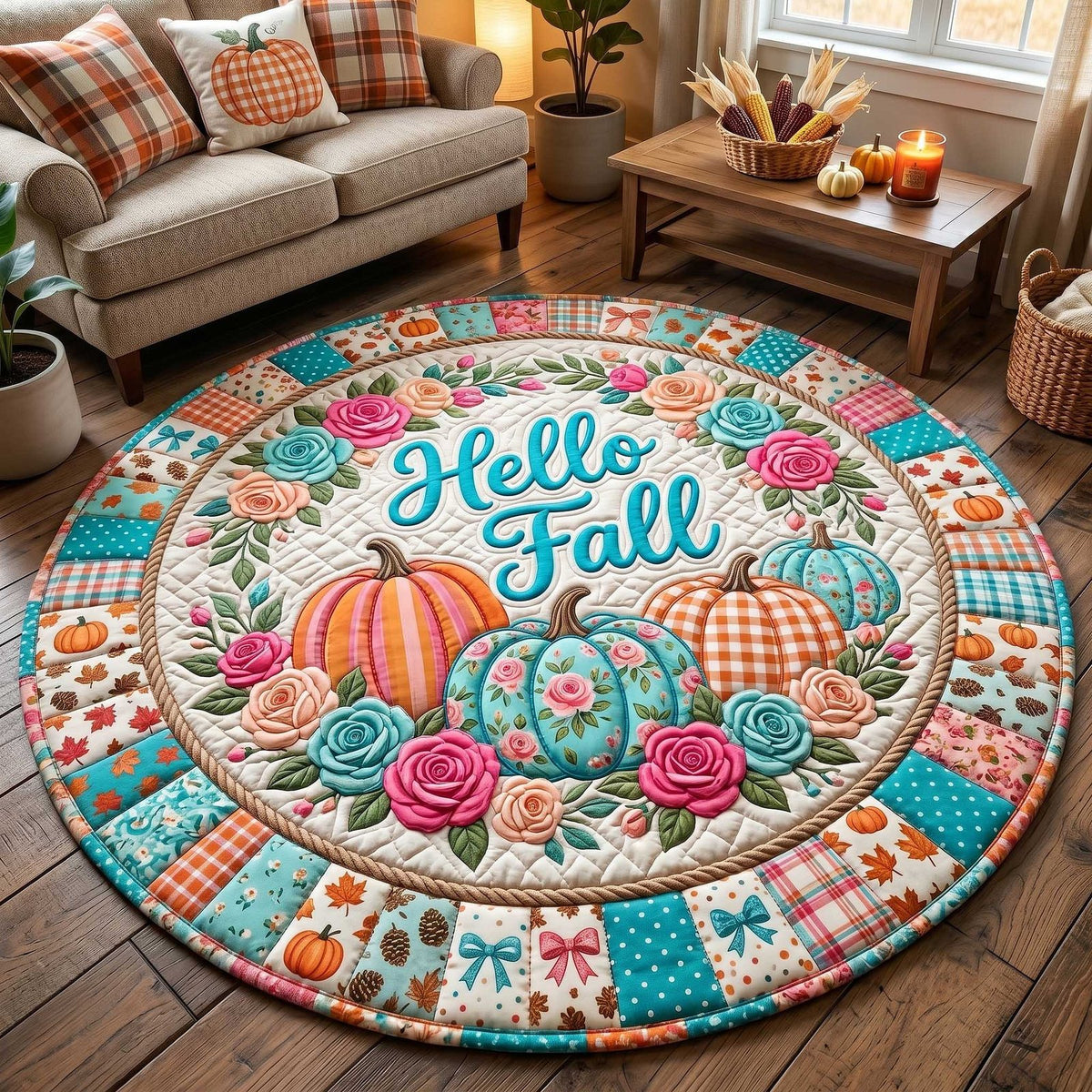 Hello Fall Round Mat Rug - washable non-slip printed rug