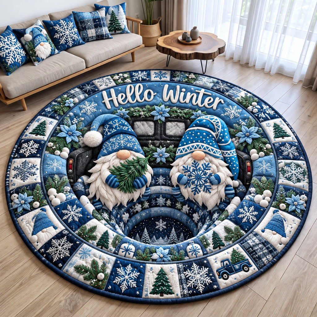 Hello Winter Gnomes Round Mat Rug - Nature Design | Serene Home Decor - washable non-slip printed rug