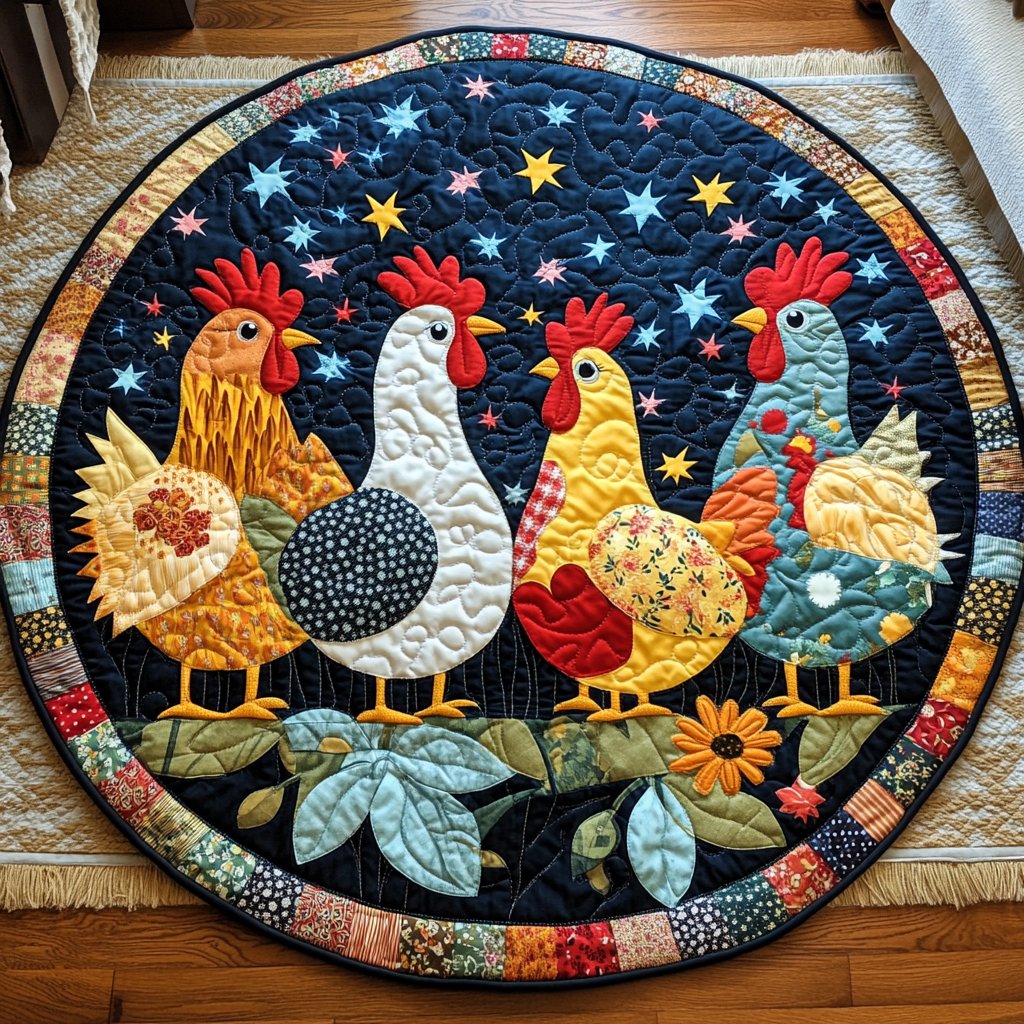 Hen Bliss Round Mat Rug - washable non-slip printed rug