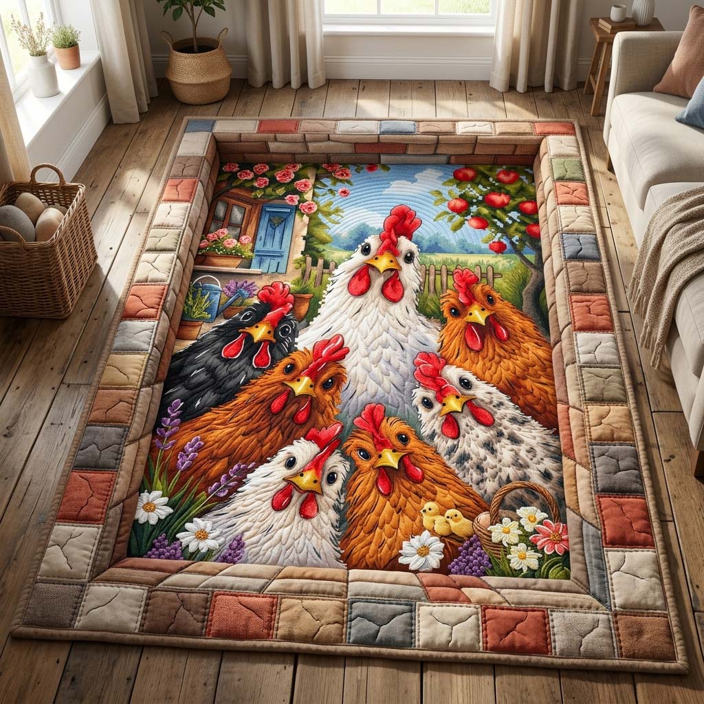 Hen Family Portrait area rug in a living room