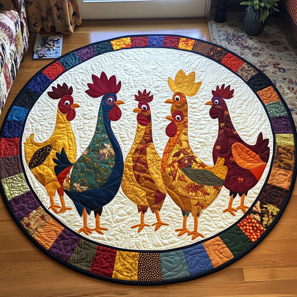 Hen Harmony Round Mat Rug - washable non-slip printed rug