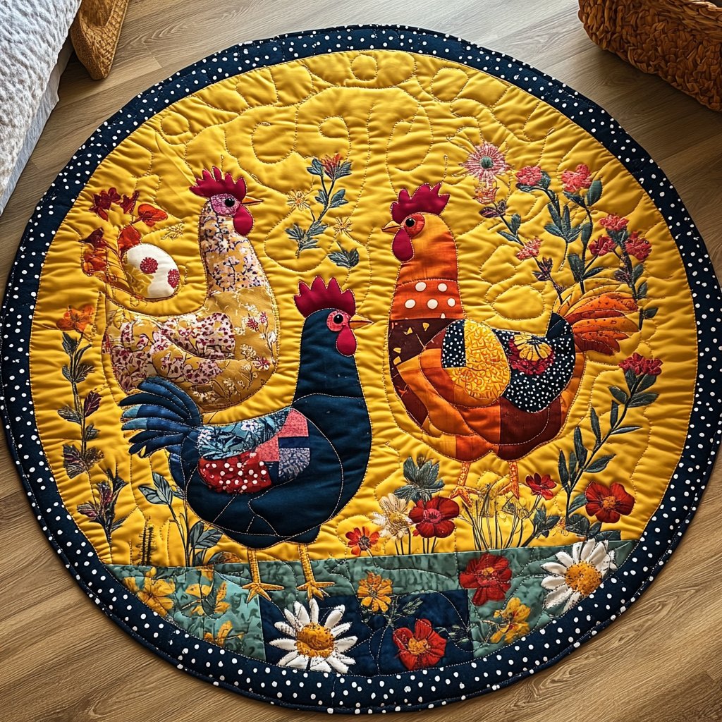 Hen Haven Round Mat Rug - washable non-slip printed rug