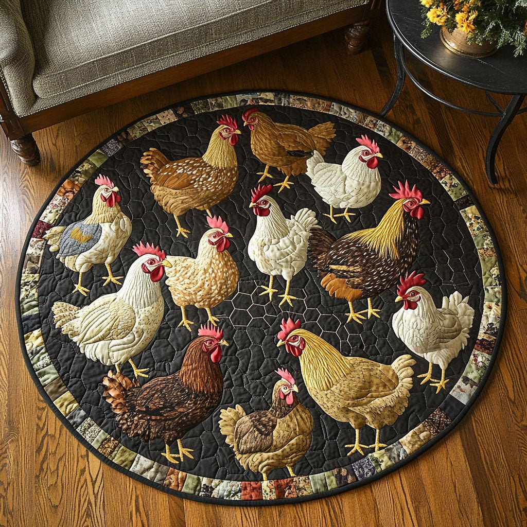 Hen House Charm Round Mat Rug - washable non-slip printed rug