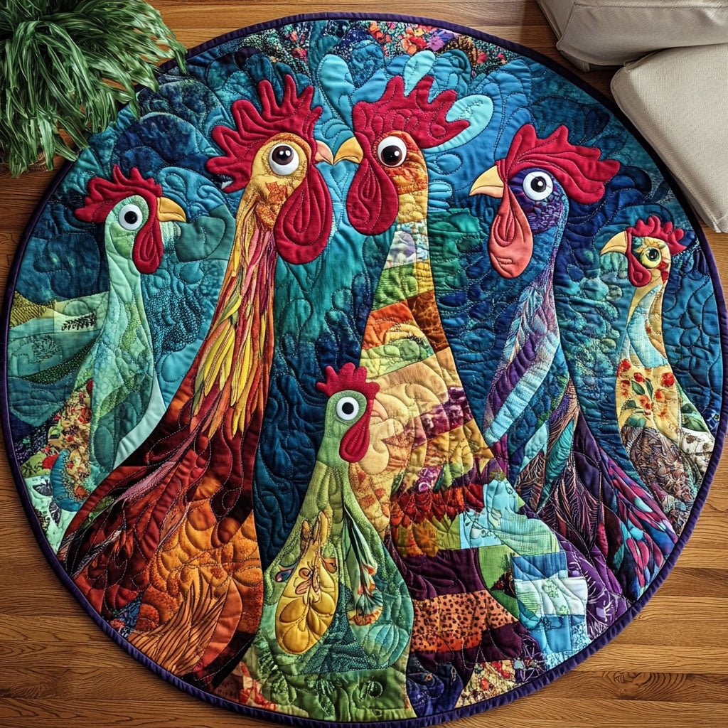 Henhouse Harmony Round Mat Rug - washable non-slip printed rug