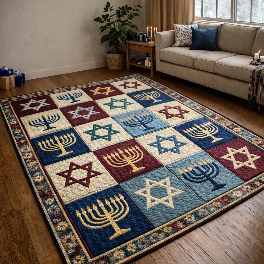 Heritage Menorah Patch area rug in a living room