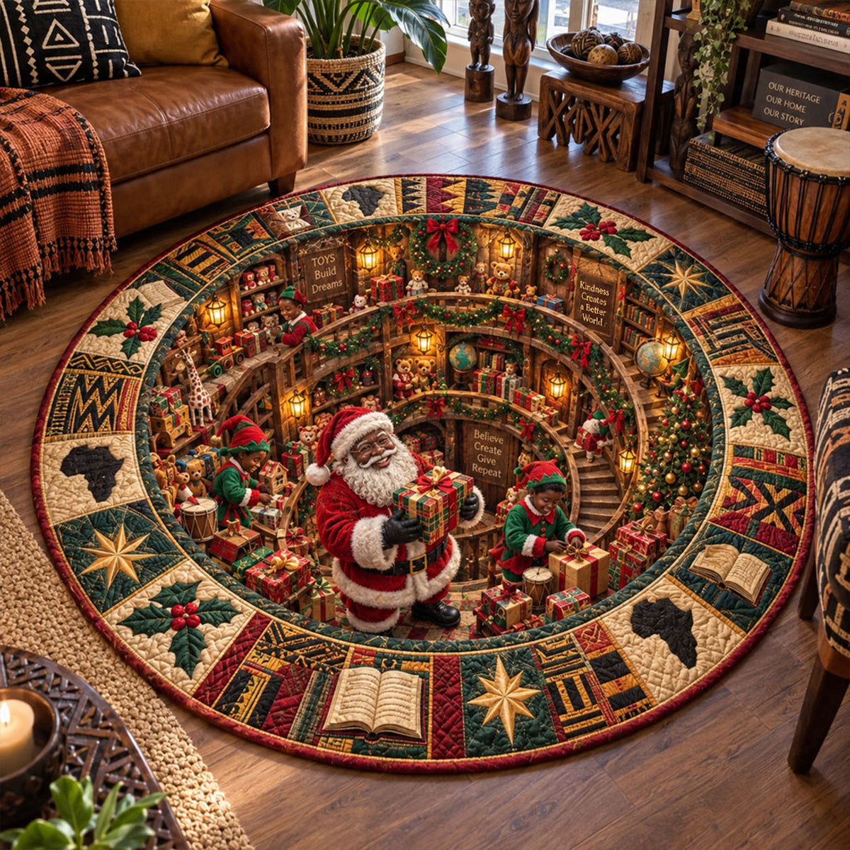 Heritage Noel Library Round Mat Rug - Seasonal Design | Festive Home Decor - washable non-slip printed rug