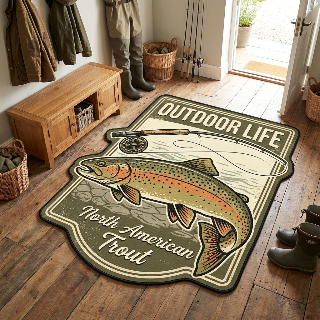 Heritage Trout Custom Shape Area Rug - Farmhouse Design | Die-Cut Non-Slip Rug - washable non-slip printed rug