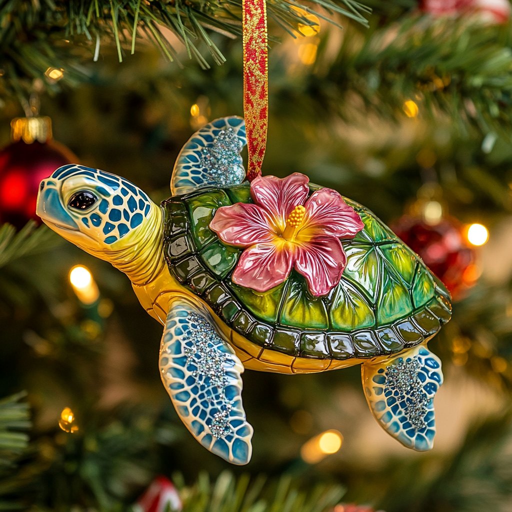 Hibiscus Breeze Turtle Christmas Ornament