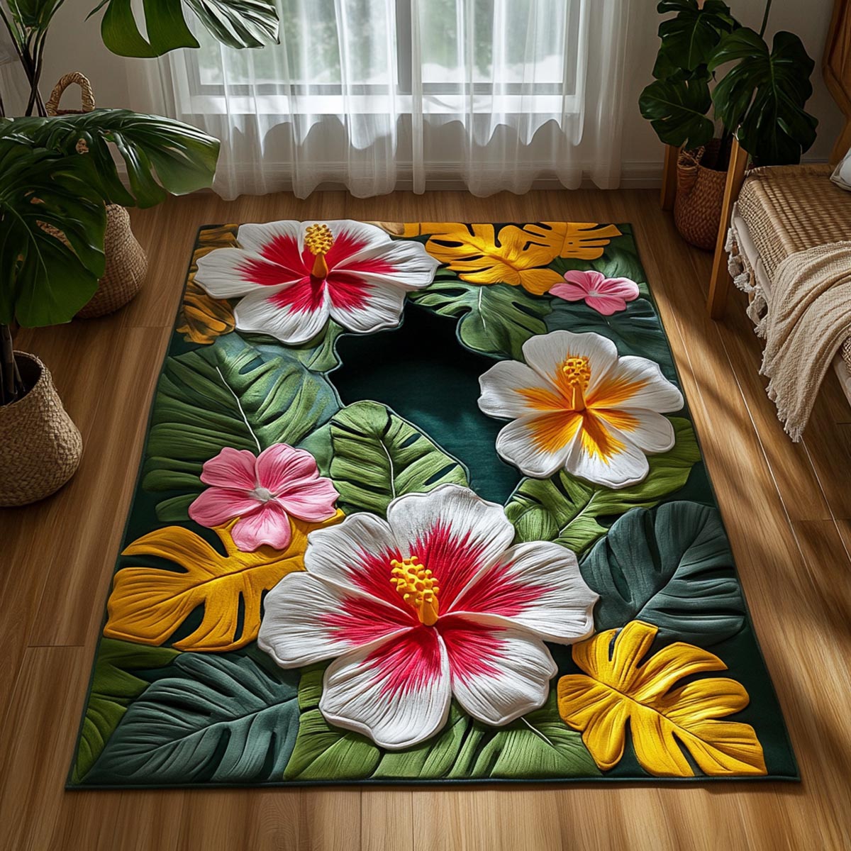 Hibiscus Bloom area rug in a living room
