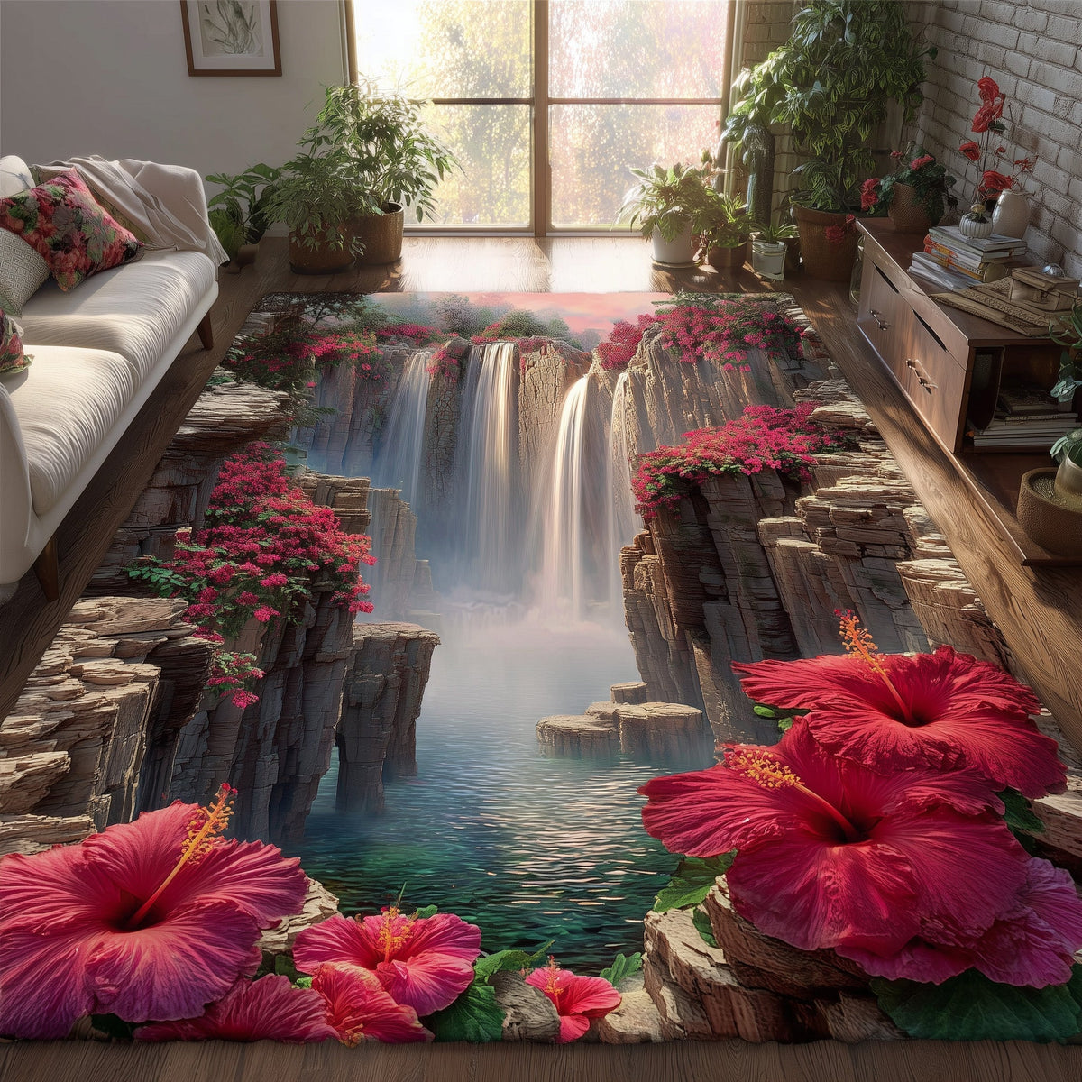 Hibiscus Serenity area rug in a living room