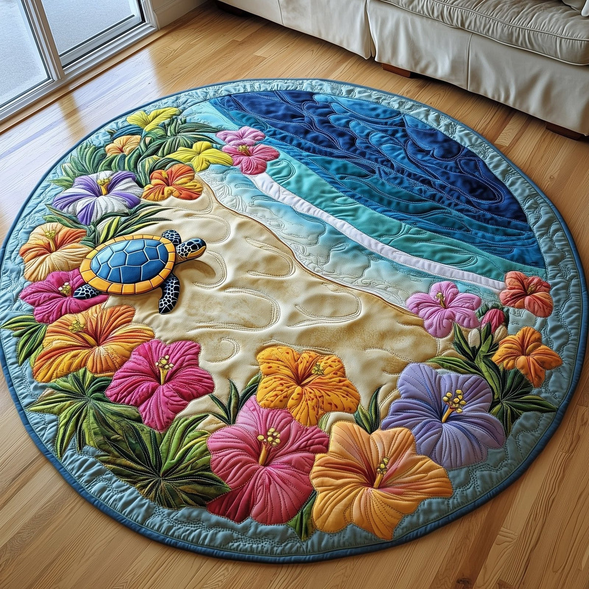Hibiscus Shoreline Round Mat Rug - washable non-slip printed rug