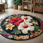 Hibiscus and Plumeria Round Mat Rug - washable non-slip printed rug