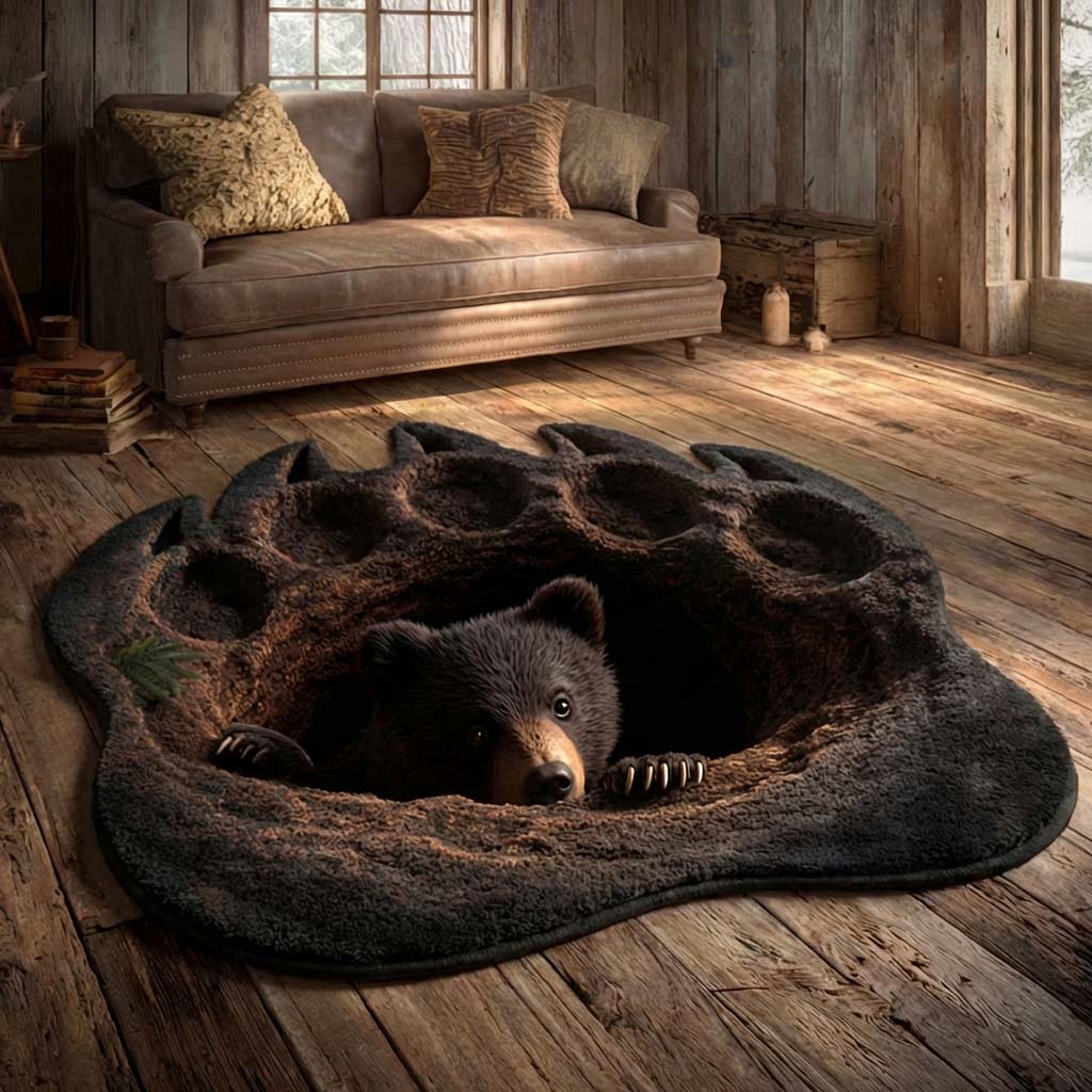 Hidden Bear Custom Shape Area Rug - Cute Animal Design | Die-Cut Non-Slip Rug - washable non-slip printed rug