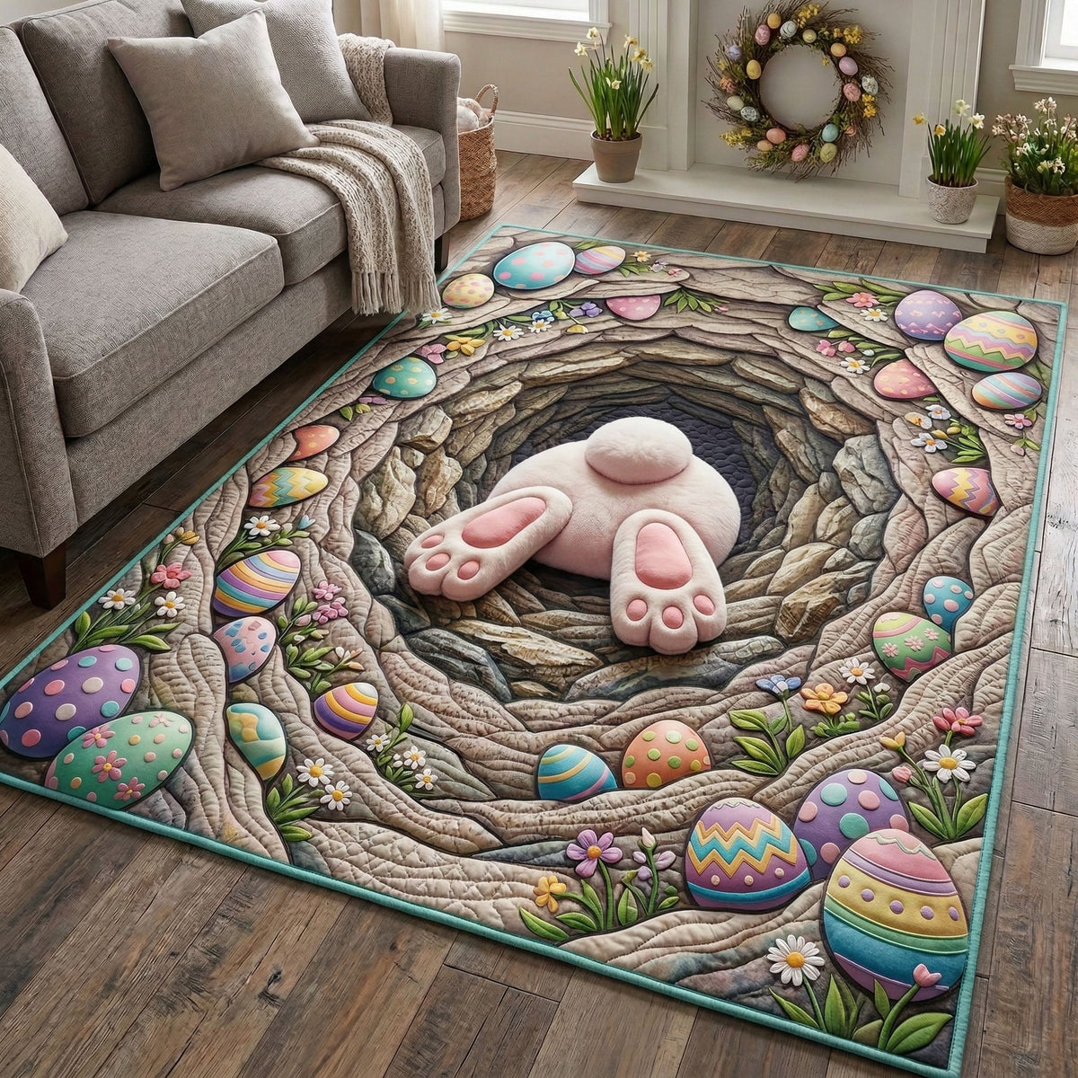 Hidden Bunny area rug in a living room