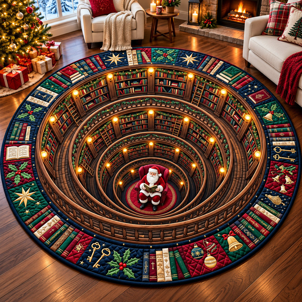 Hidden Christmas Library Round Mat Rug - Seasonal Design | Festive Home Decor - washable non-slip printed rug