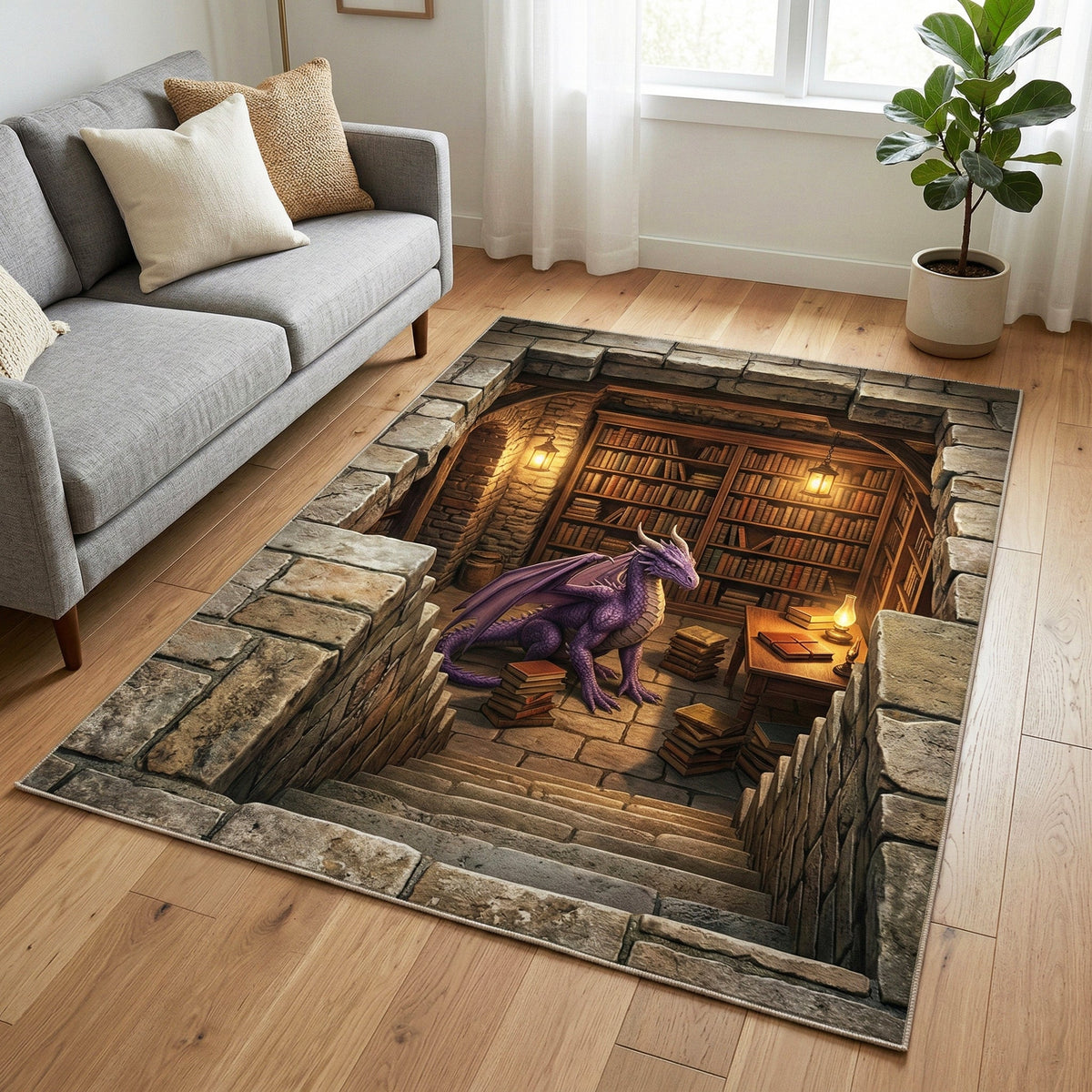 Hidden Dragon area rug in a living room