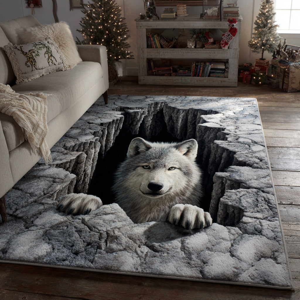 Hidden Wolf Portal area rug in a living room