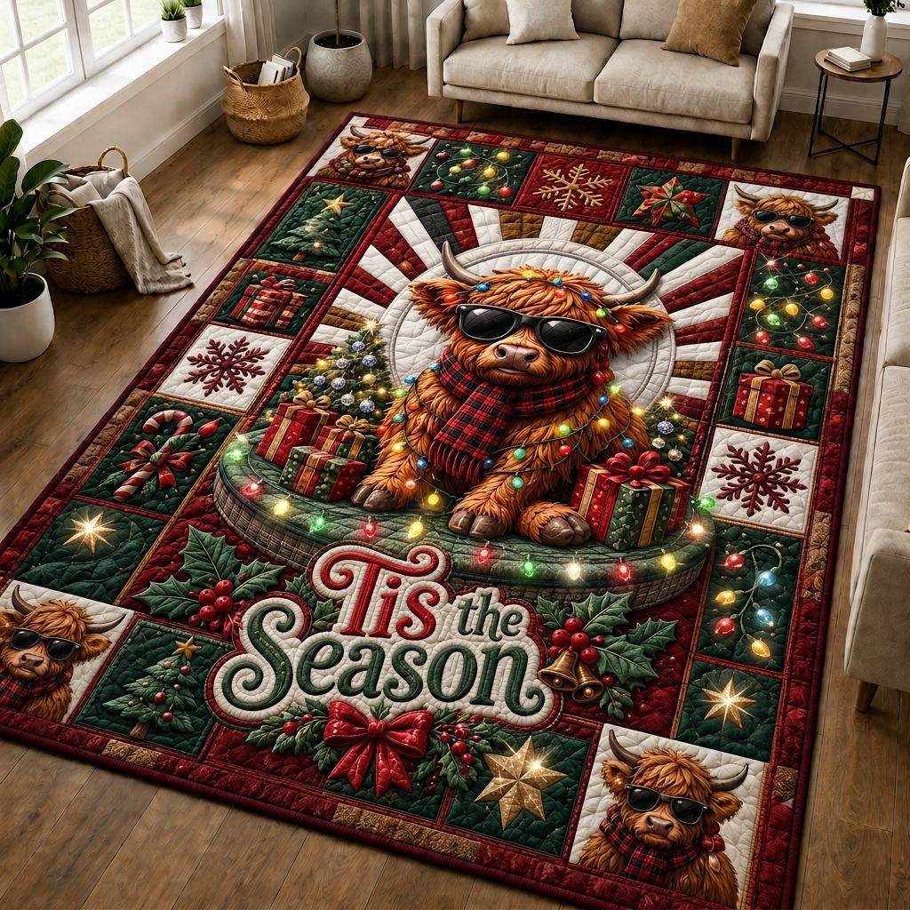 Highland Christmas Cheer area rug in a living room