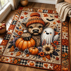 Highland Cow And Ghost area rug in a living room