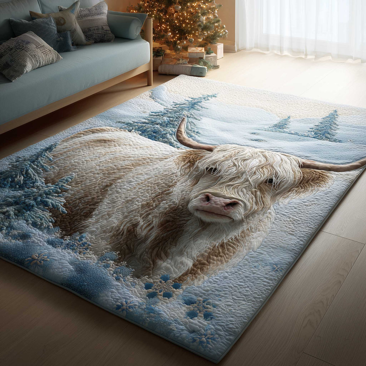 Highland Cow area rug in a living room