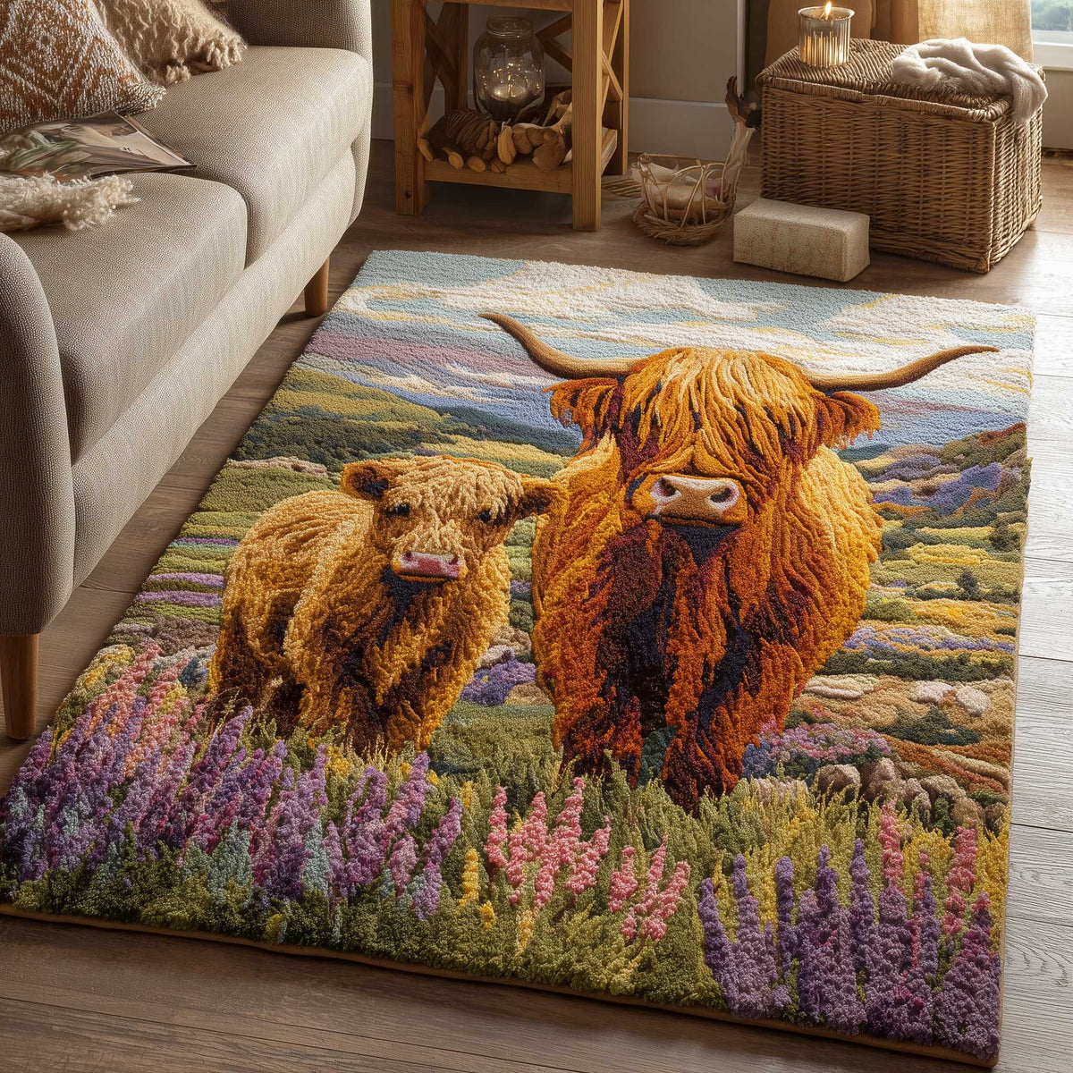 Highland Cow area rug in a living room