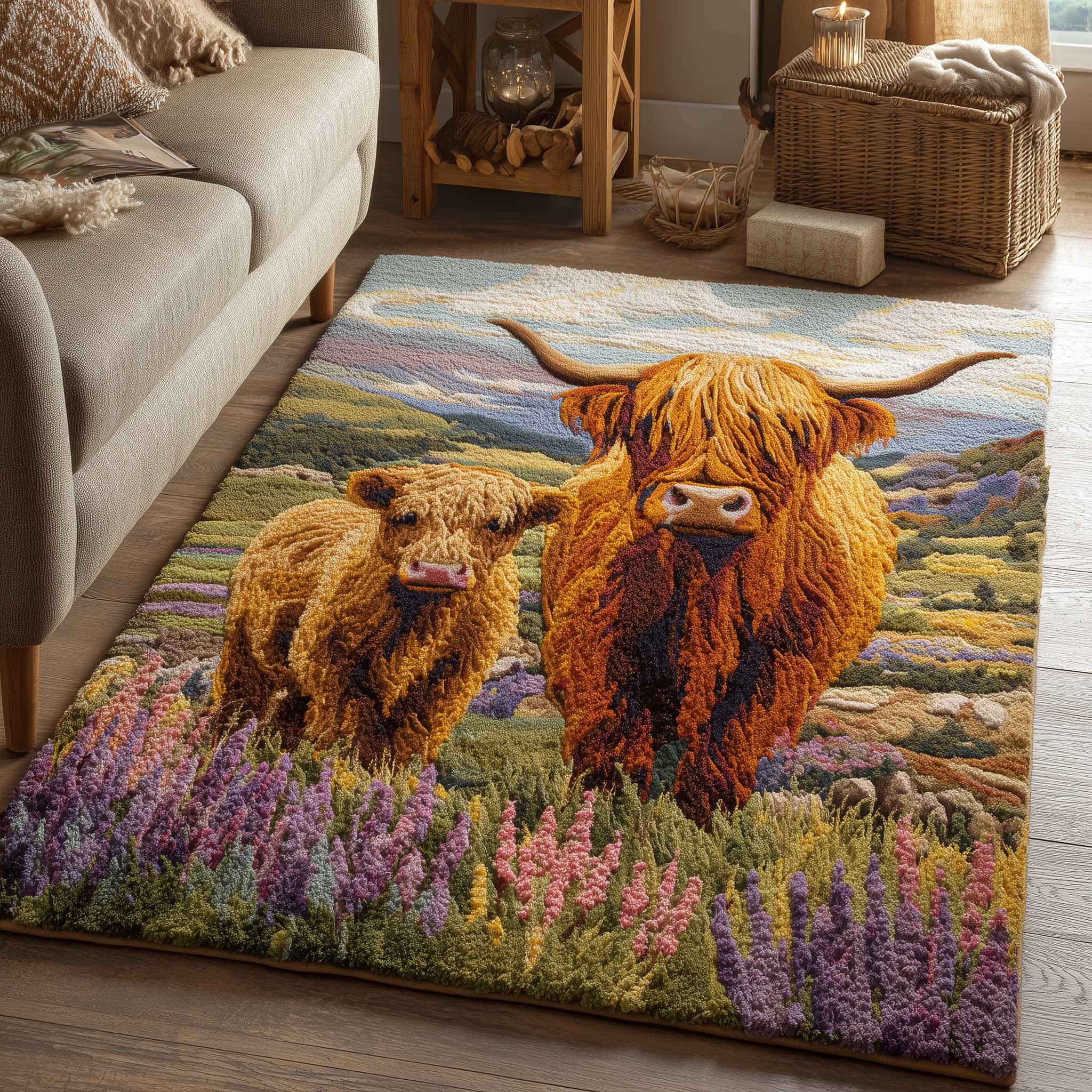 Highland Cow area rug in a living room