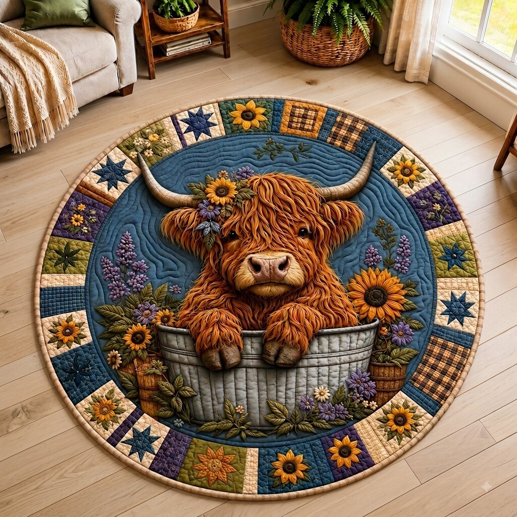 Highland Cow Charm Round Mat Rug - Nature Design | Serene Home Decor - washable non-slip printed rug